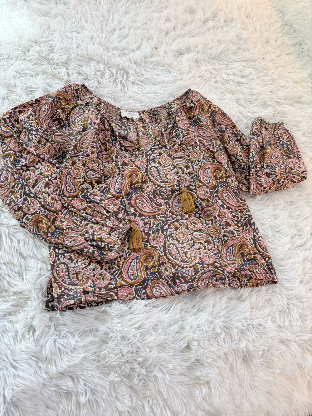 Sezane Paisley Tassel Peasant Blouse - Pink Brown Gold